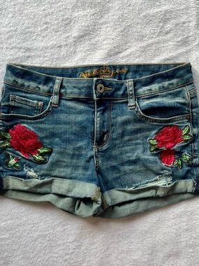 Embroidered rose hummingbird denim jean shorts / Arizona & co